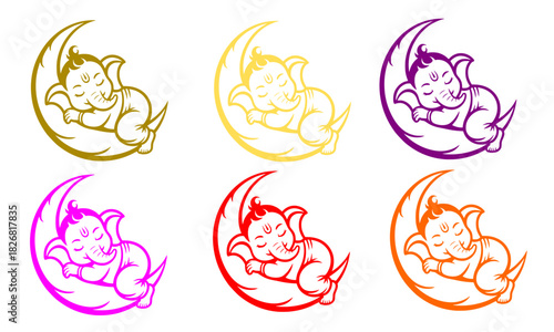Baby Ganesha Sleeping on Moon Vector Set: Adorable, Colorful Line Art Illustrations of Bal Ganesh for Kids' Themes and Spiritual Design