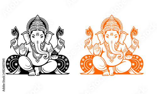 Seated Lord Ganesha Vector Art: Monochrome and Orange Illustrations of the Hindu God of Wisdom, Prosperity, and New Beginnings