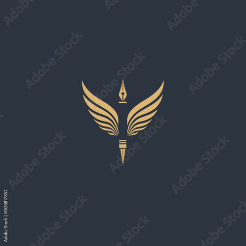 Gold Winged Pen and Torch Symbol. Elegant Vector Logo for Writing, Literature, Education, Freedom, and Inspiration.