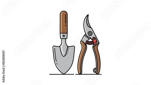 Illustration of a Trowel and Pruning Shears for Gardening.