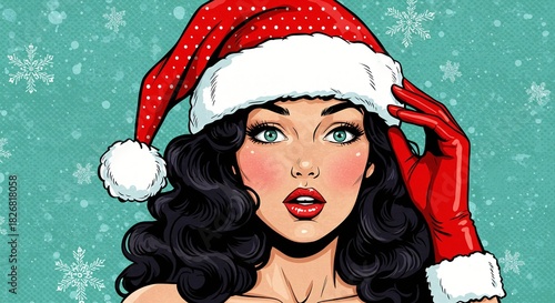 Pop art style portrait of a beautiful woman wearing a festive santa hat and red glove against a snowy background