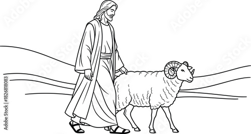 Shepherd walking with ram illustration, pastoral scene concept, robed figure in nature, spiritual guidance and companionship moment, flat vector