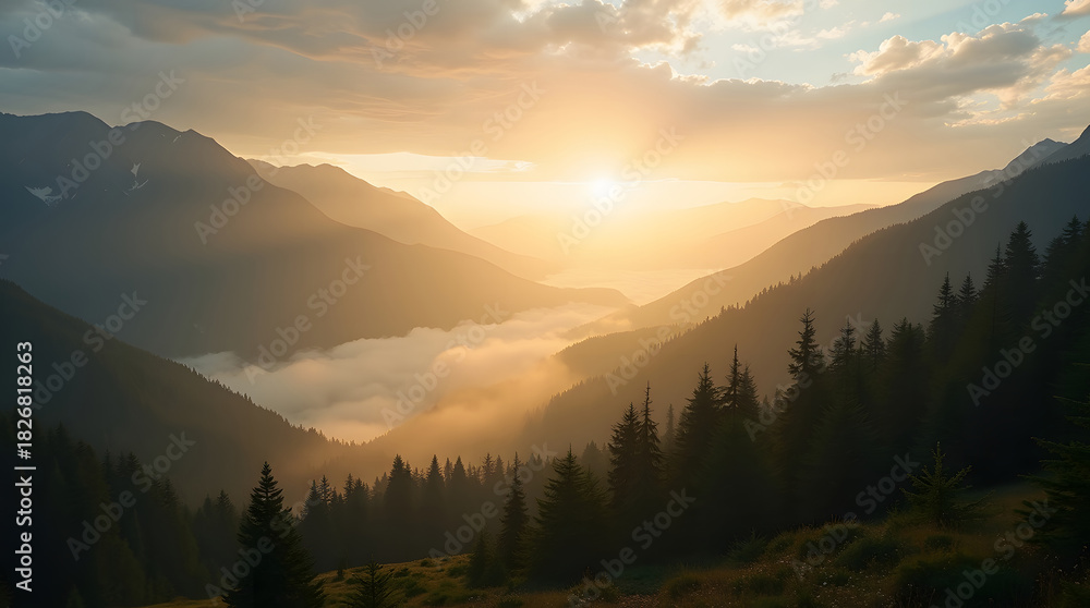 Obraz premium Sunrise paints mountains landscape with ethereal golden glow of sun illuminating lush valleys and peaks creating awe inspiring scene of natural beauty