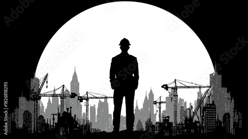 Architect or engineer silhouette overseeing urban construction site with cranes and new buildings against a bright background, industrial development.