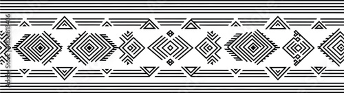 Seamless horizontal vector border featuring geometric ethnic, tribal, and native american line art patterns for textiles, print design, wallpaper, and decoration.