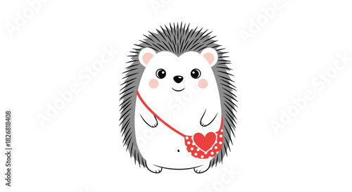 Cute cartoon hedgehog wearing a red polka dot bag with a heart accent on a white background.
