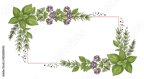 Illustration of a decorative rectangular frame adorned with fresh green herbs and delicate purple flowers.