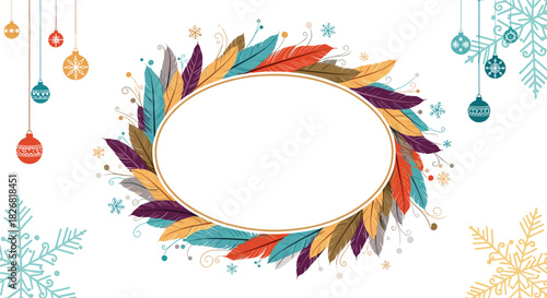 Festive oval frame decorated with colorful feathers and hanging Christmas ornaments.