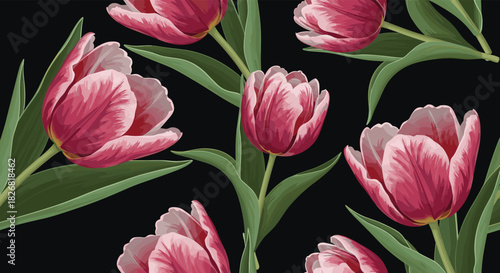 Seamless pattern of vibrant pink tulips against a dark background, perfect for floral designs.