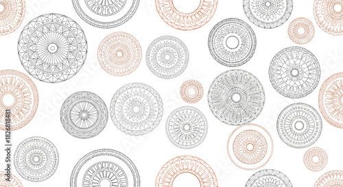 Seamless pattern of intricate circular mandala-like designs in black and copper tones.
