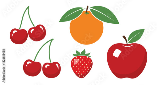 An arrangement of fresh red cherries, a vibrant orange, a juicy red apple, and a ripe red strawberry.