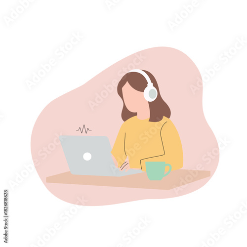 Woman in Headphones Working on Laptop at Home Desk, Remote Work or Online Study Flat Illustration