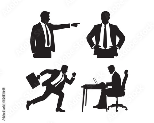 Businessman carrying briefcase, office commute pose, Vector, Silhouette illustration Design set collection