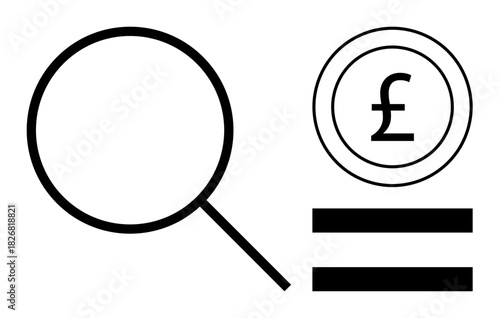 Magnifying glass alongside a British pound coin and equal sign, symbolizing finance, equality, economic justice, research, monetary value, budgeting, and problem-solving. Ideal for financial