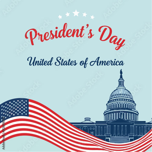 President's day greeting with american flag and united states capitol.