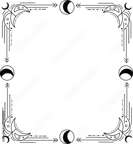 Mystical square frame and border featuring celestial line art moon phases, crescent symbols, and geometric cosmic elements for witchcraft, astrology, and spiritual design.