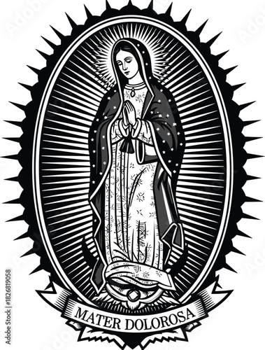 Virgin Mary Mater Dolorosa illustration, religious Catholic icon, sorrowful mother prayer pose, crescent moon angel support, flat vector
