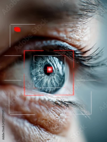 Close-up of a human eye with detailed texture and advanced scanning technology in focus during a digital analysis