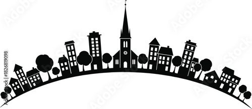 Black city skyline silhouette with church steeple, residential houses and trees on curved horizon, town landscape, cad drawing flat vector illustration