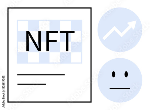 NFT certificate with patterned background, growth chart symbolizing increasing value, neutral face reflecting public sentiment. Ideal for blockchain, cryptocurrency, finance, digital art, innovation