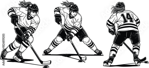 Hockey player action illustration set, ice sport dynamic poses, skating with puck and stick, athletic movement detail, flat vector