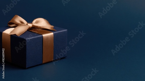 Elegant gift box with shiny bow resting on deep blue surface, ex