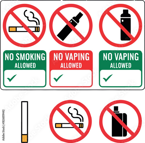 Create No smoking cigarette vape sign set, cigarette, vape in prohibition circle and green allowed area on white background.
