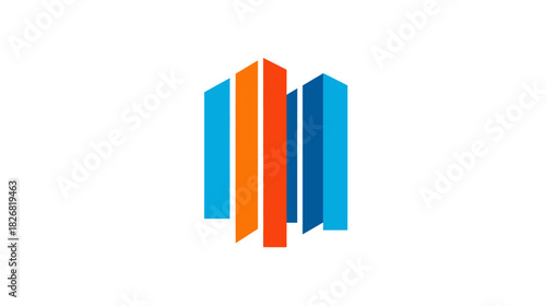 Abstract modern cityscape graphic with blue and orange geometric buildings. Urban real estate development concept illustration, minimalist design.