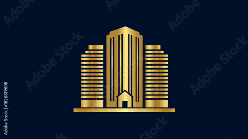 Golden Modern High-Rise Building Icon on Dark Blue Background. Luxurious Gold Skyscraper Vector Illustration for Business.
