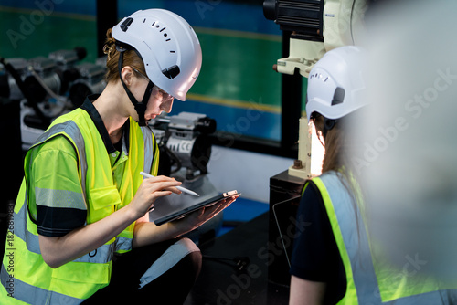 A woman wearing a yellow vest and a white helmet is looking at a tablet