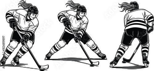 Female hockey player illustration set, ice sport action poses, puck control and stick handling, athletic movement detail, flat vector