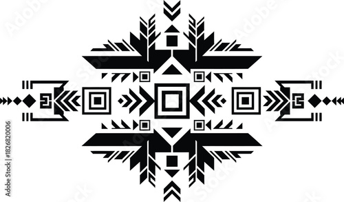 Abstract black and white symmetrical geometric design element in ethnic style featuring aztec and tribal pattern motif for textile or graphic background.