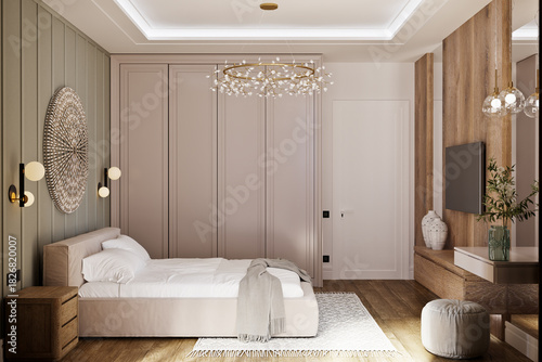 3D model of a bedroom in a modern classic style in green colors