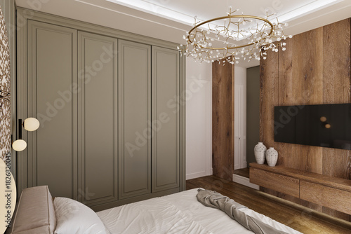 3D model of a bedroom in a modern classic style in green colors