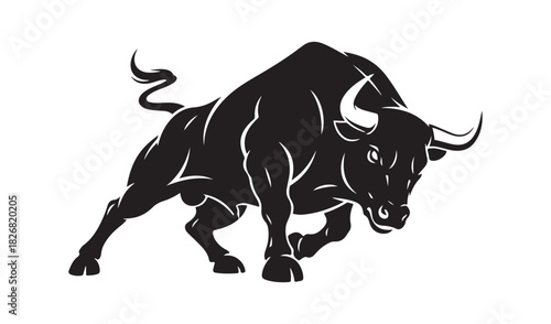 Powerful black bull silhouette charging forward with intensity