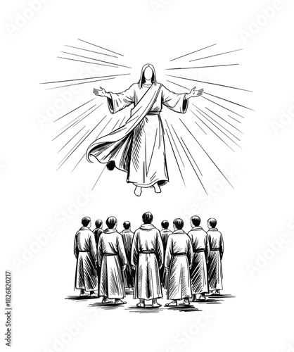 Jesus Ascending to Heaven with Disciples Watching Below in Sketch Style ascension.