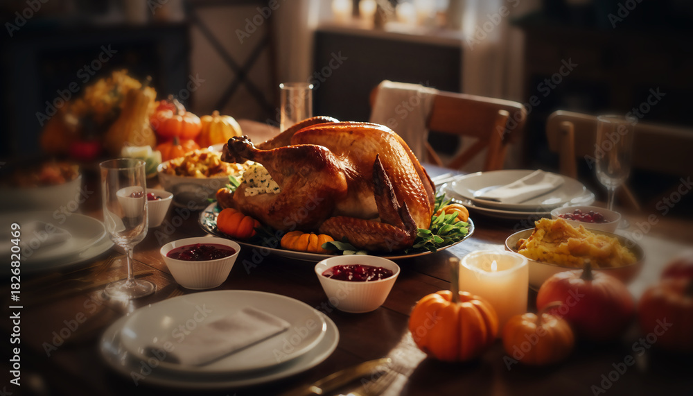 Fototapeta premium table festive avec dinde rôtie et décorations d’automne pour repas convivial