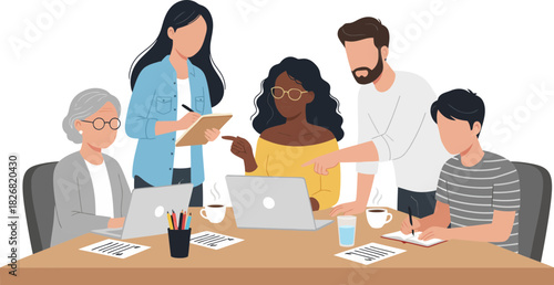 Diverse Group of Professionals Engaged in Collaborative Meeting with Laptops and Notes Creating a Dynamic Teamwork Environment