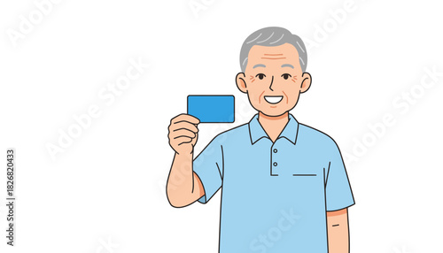 Elderly man smiling and holding a blank blue card for personal message or photo on transparent background perfect for multilingual greeting cards