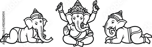 Ganesha deity illustration set, Hindu religious art, spiritual elephant god pose, divine cultural symbol with ornaments and symmetry, flat vector