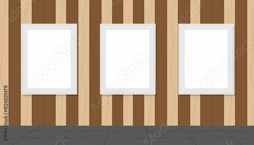 Empty Picture Frames Displayed Against a Wooden Wall with a Dark Floor View