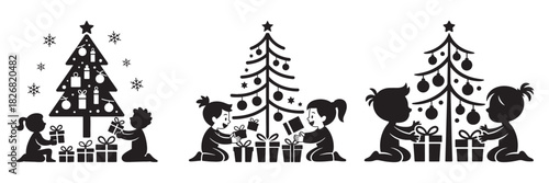 Silhouette of children opening Christmas gifts under decorated trees a vector illustration for holiday designs and festive celebrations