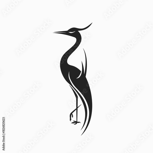 Elegant Black Stylized Heron or Crane Bird Silhouette Vector Illustration. Minimalist Graphic Art Design Element for Branding.