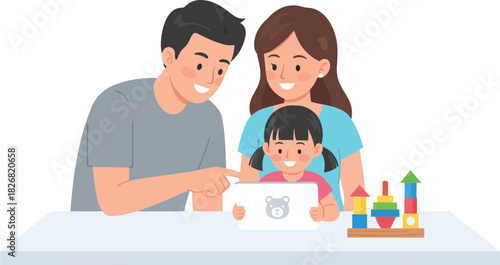 Happy family enjoying creative playtime with child engaging in digital drawing on table with educational toys