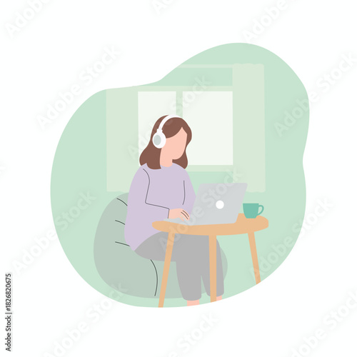 Woman Working Comfortably from Home on Laptop, Cozy Remote Work in Living Room Flat Illustration