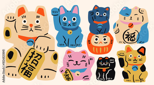 Maneki Neko set, Daruma. Various asian cats. Traditional souvenir. Talisman, amulet, good luck symbol, fortune, success, prosperity concept. Hand drawn Vector illustration. Isolated design elements