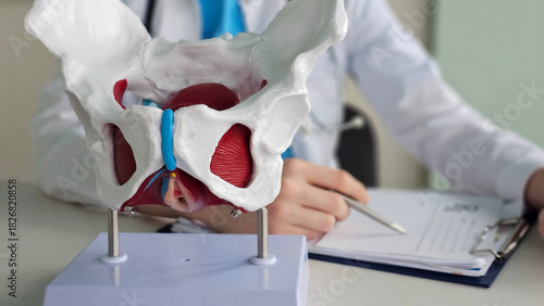 Tableau sur toile Detailed view of a pelvic model with a medical professional examining notes