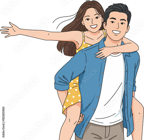 Joyful young couple enjoying carefree moment with girl embracing boy from behind under clear sky joyful expression and playful posture with bright