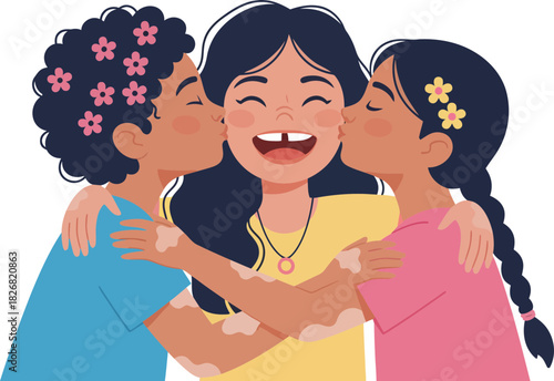 Joyful moment of two young girls kissing their mother on cheeks emphasizing love and family bonds with cheerful expressions and colorful outfits
