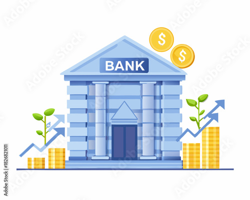 Bank building with growing money plants and coins symbolizing financial growth